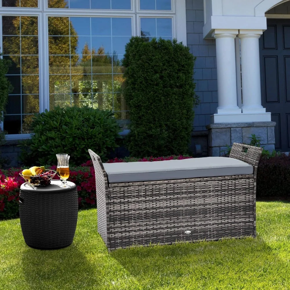 Outdoor Wicker Storage Bench, with Cushion and Handles, 90 Gallon Storage, Grey