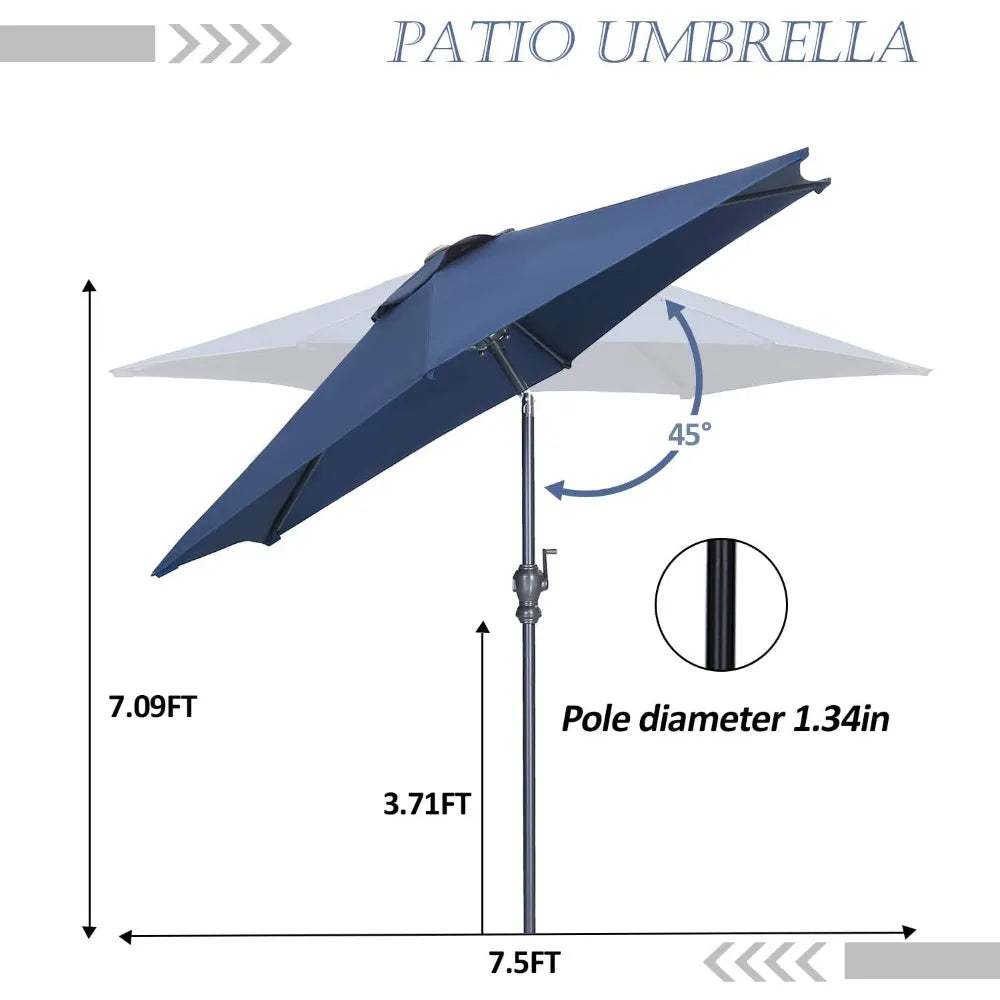 7.5 Ft. Outdoor Patio Umbrella, Push Button Tilt and Crank, Navy Blue