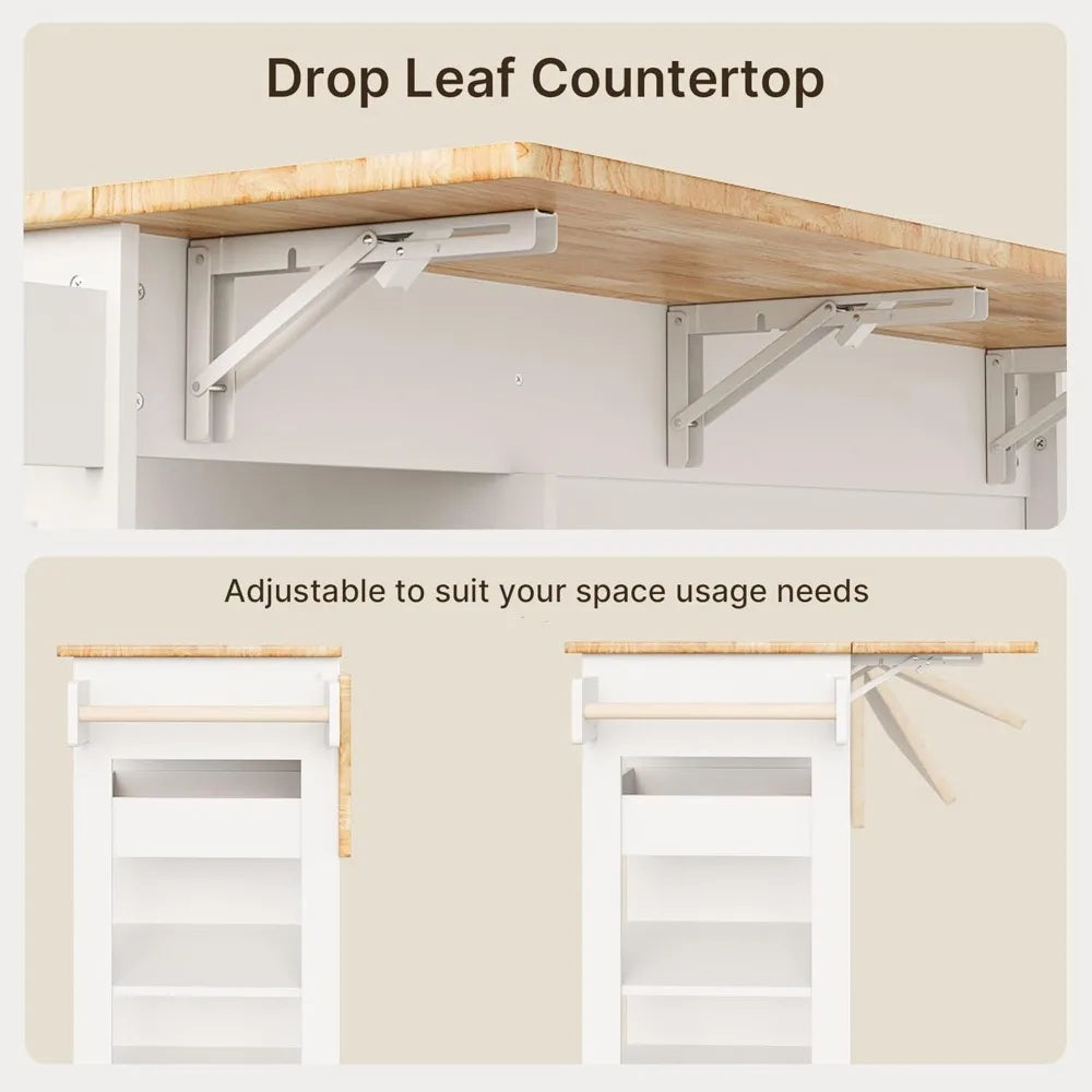 60.6 Inch Rolling Kitchen Island, with Drop Leaf, Spacious Storage