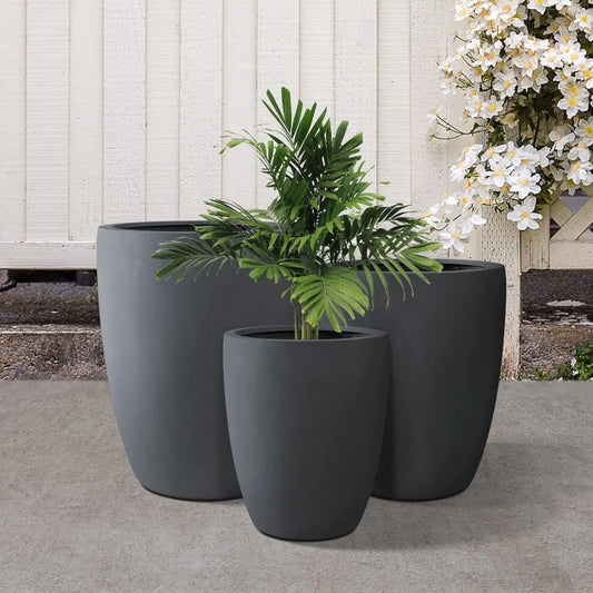 Tall Round Concrete Planters, Set of 3 (18.1", 20.5", 22.4" Height), Indoor/Outdoor With Drainage, Black