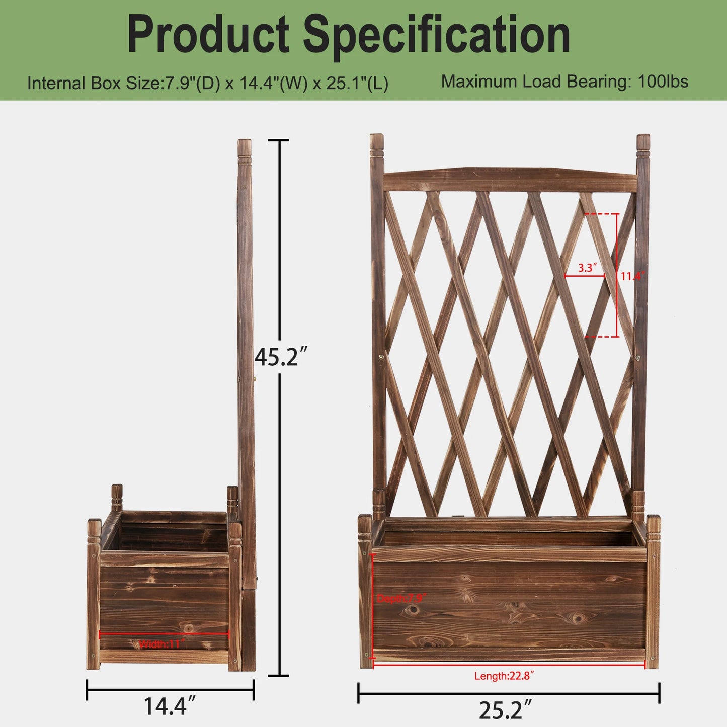 Raised Wooden Elevated Planter Box, with Trellis, Brown