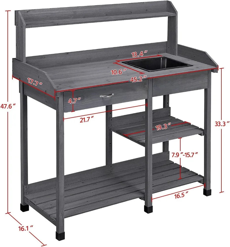 Outdoor Potting Bench/Work Bench, Removable Sink Drawer Rack, 45.2 Inch L X 17.7 Inch W X 47.6 Inch H, 3 Colors