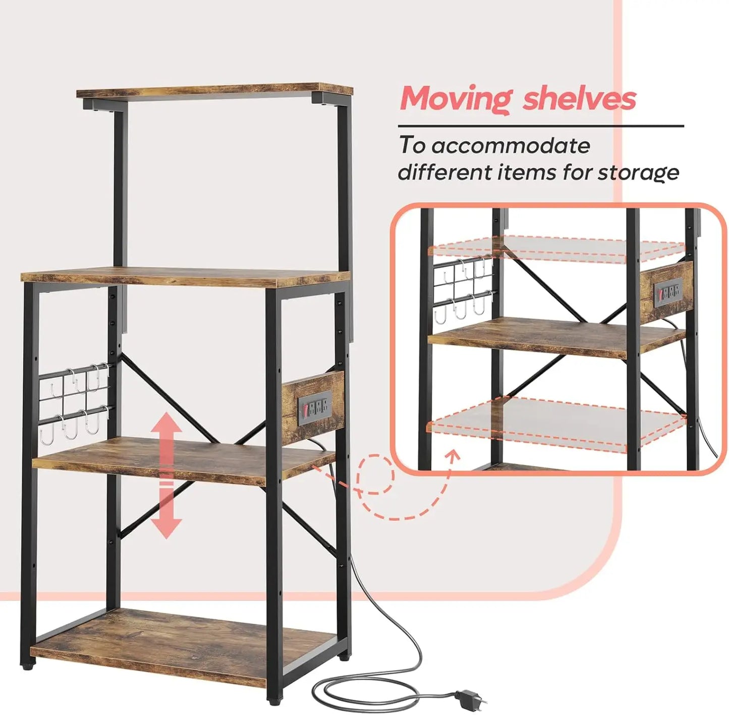 4 Tier Bakers Rack with Power Outlet, 6 "S" Shaped Hooks