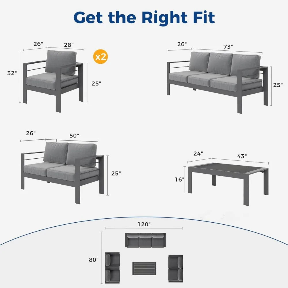 Outdoor Aluminum Furniture Set, Metal Sofa with 5 Inch Cushion, Faux Wood Table, 2 Colors