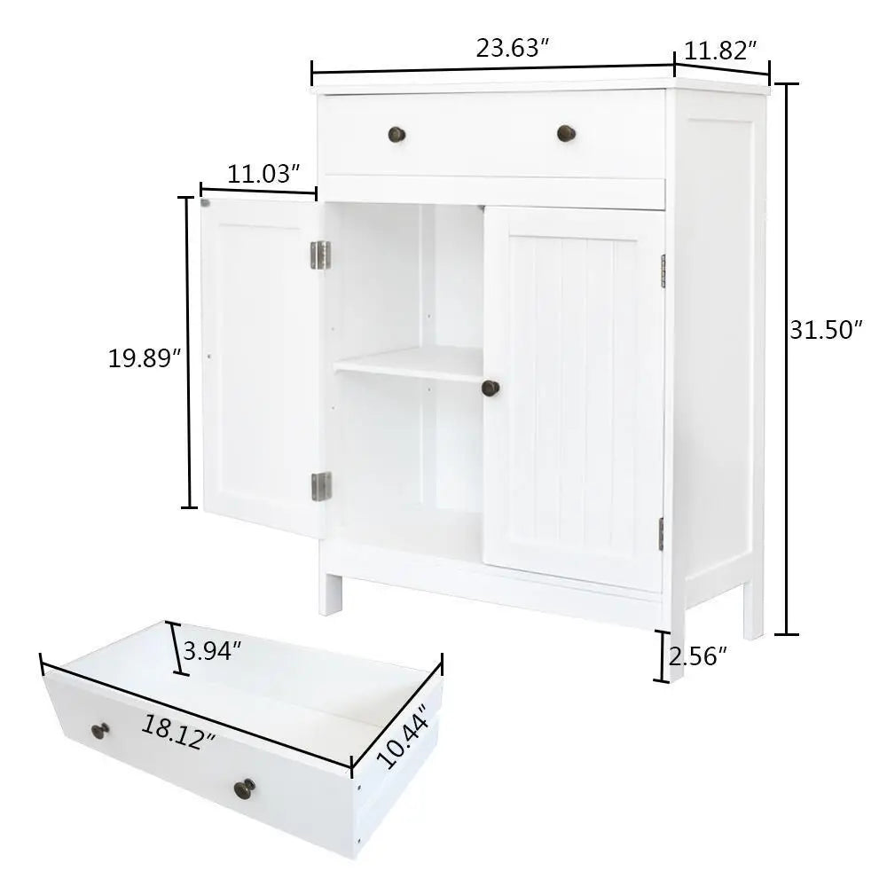 Wooden Floor Cabinet, Bathroom Storage, Adjustable Shelves, White