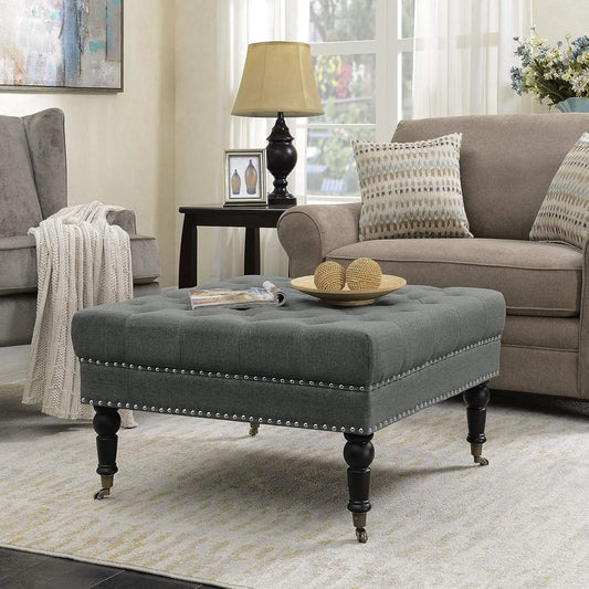 34 Inch Linen Ottoman/Footstool Bench, Button Tufted Top, with Caster Wheels, Grey