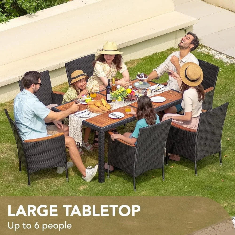 7 Piece Dining Furniture Set, Rattan Outdoor, Acacia Wood Table Top, Table Plus 6 Chairs, 4 Colors