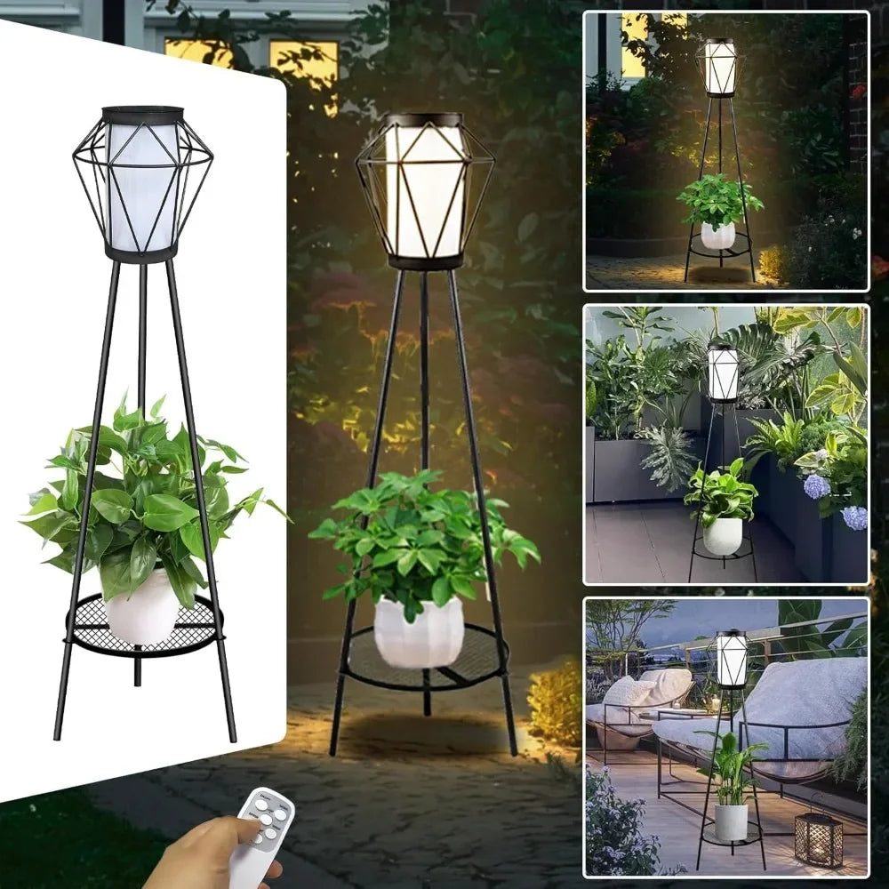 Solar Outdoor Floor Lamp Set, With Plant Shelf, 2 Pieces, 2 Sizes, 2 Styles