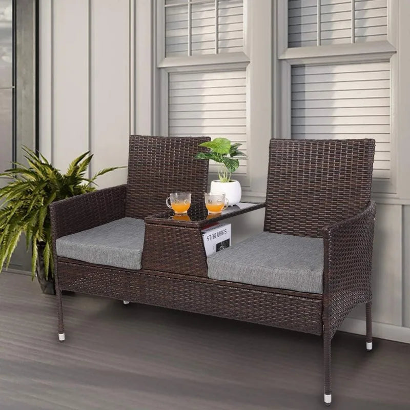 Wicker Outdoor Loveseat, with Cushion, and Built-In Table